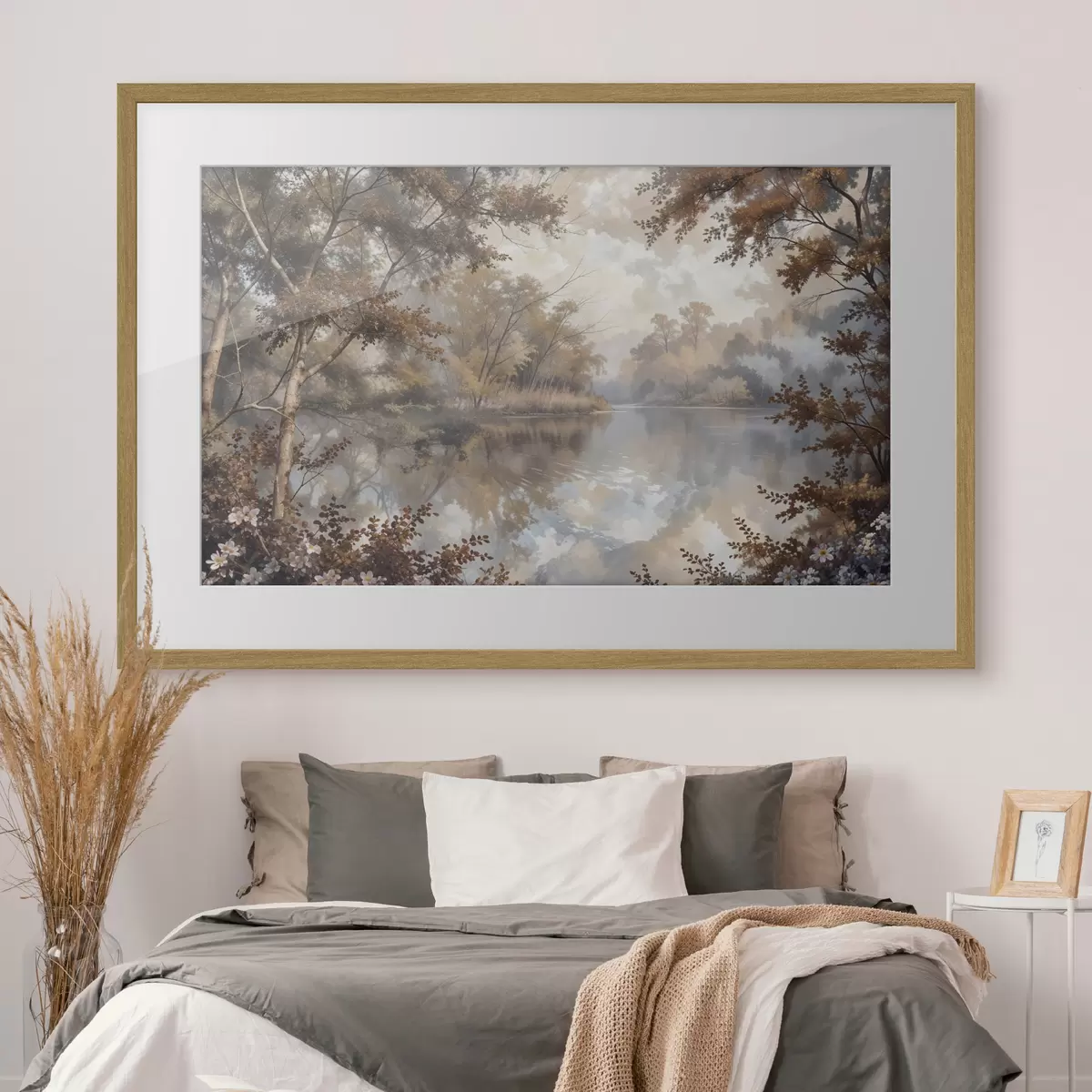Poster Herbstlandschaft mit einem ruhigen See, umgeben von Bäumen mit leuchtend orangefarbenem und gelbem Laub f39511