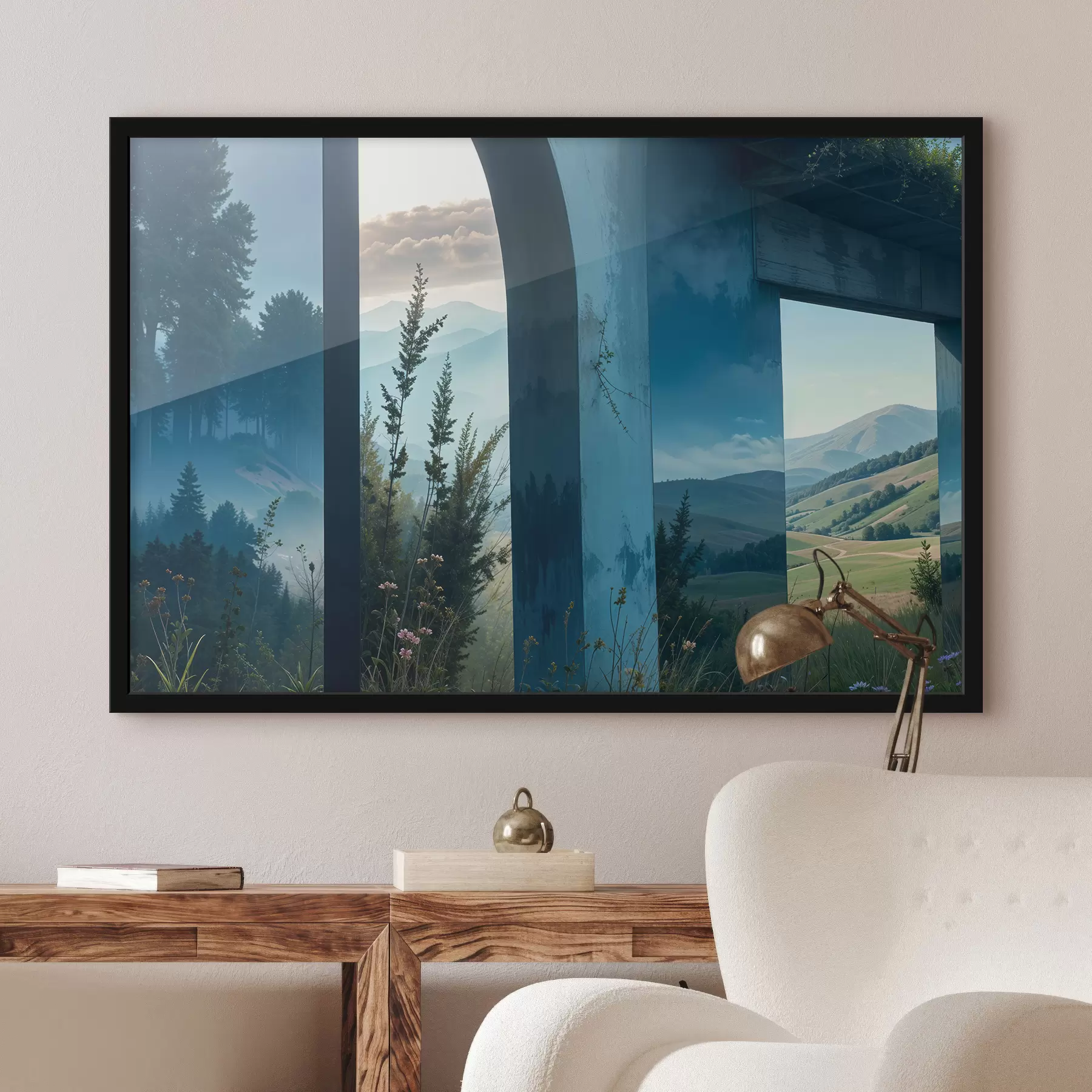Fototapete Ein großer, geschwungener Fensterrahmen, umgeben von Pinien und einer Berglandschaft im Hintergrund f39523