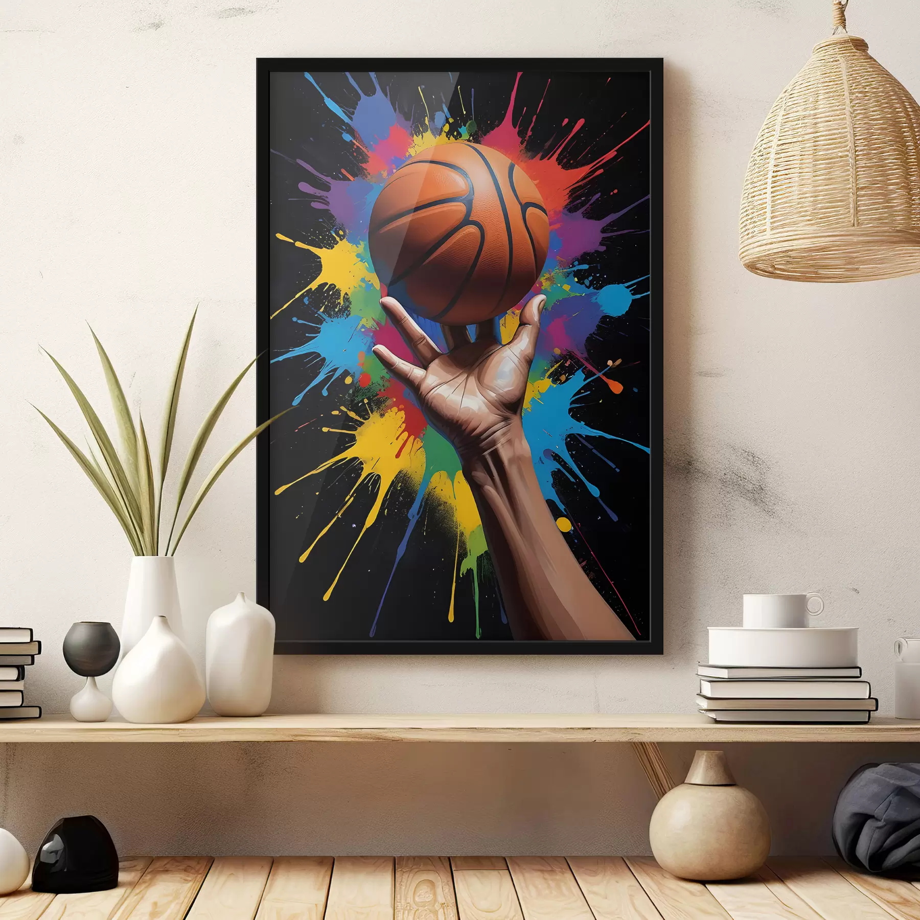 Fototapete Eine Hand, die einen Basketball vor einem Hintergrund aus bunten Farbspritzern hält f39529