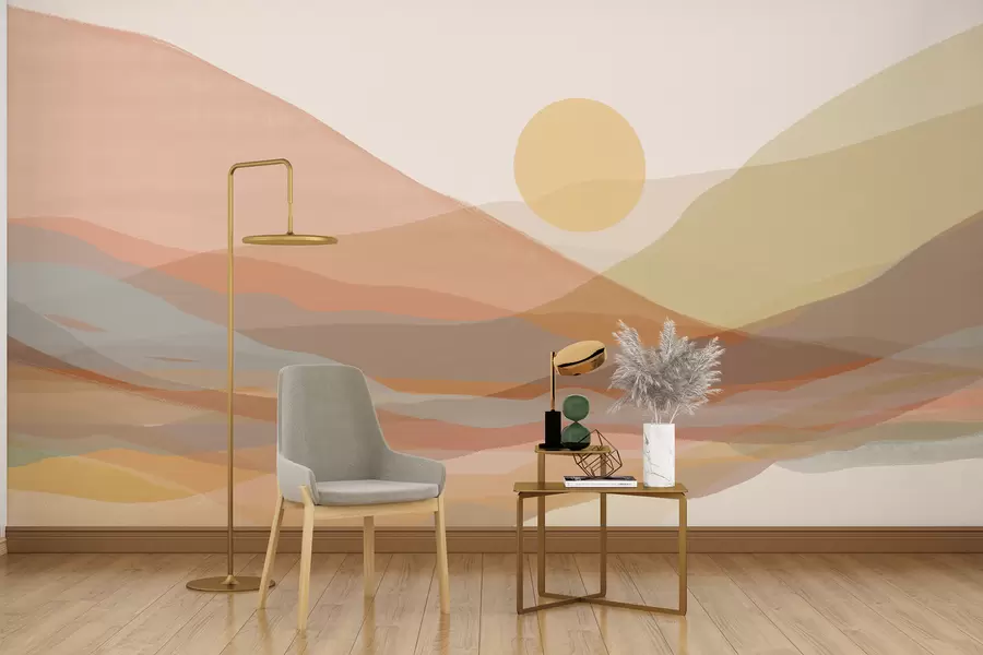 Fototapete Berglandschaft mit einer warmen Sonne am Himmel, sanften Hügeln in Orange-, Gelb- und Brauntönen w07976