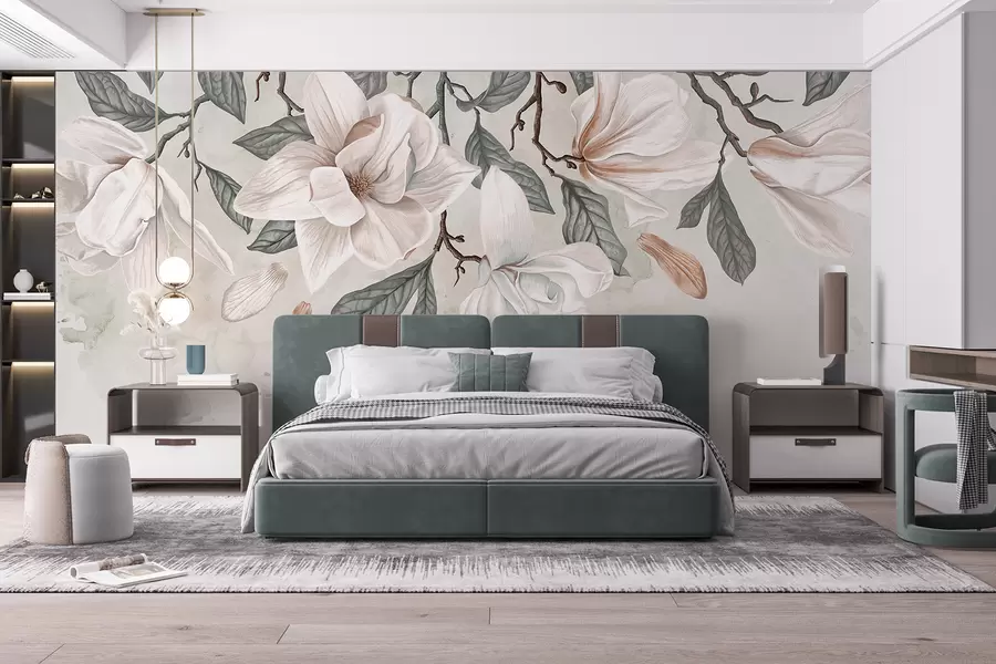 Fototapete Zarte rosa und weiße Magnolienblüten mit grünen Blättern auf hellem Hintergrund, eine weiche, florale Komposition w07977