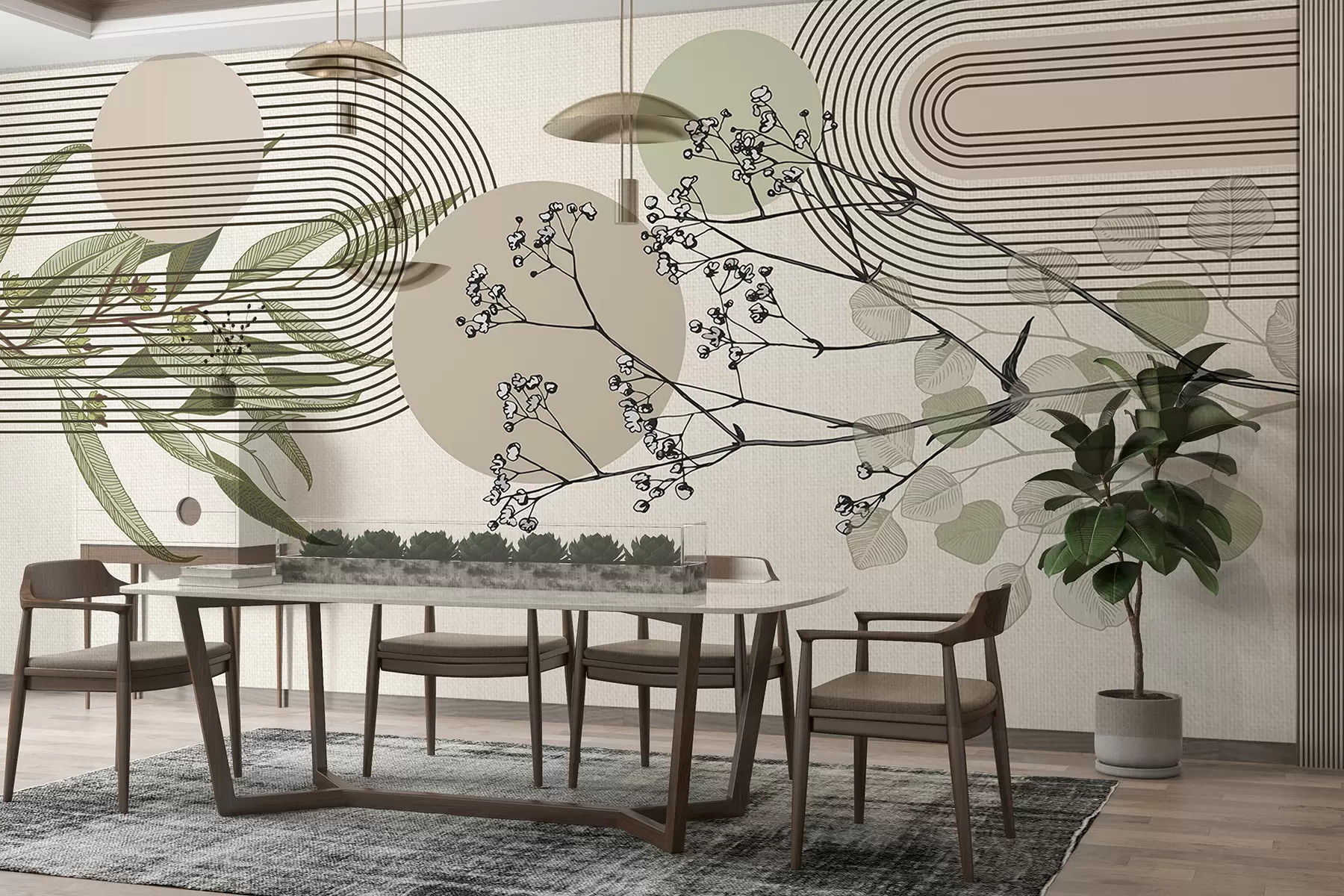 Fototapete Eine minimalistische Abstraktion mit organischen Formen, stilisierten Ästen oder Pflanzen mit zarten floralen Details w07979