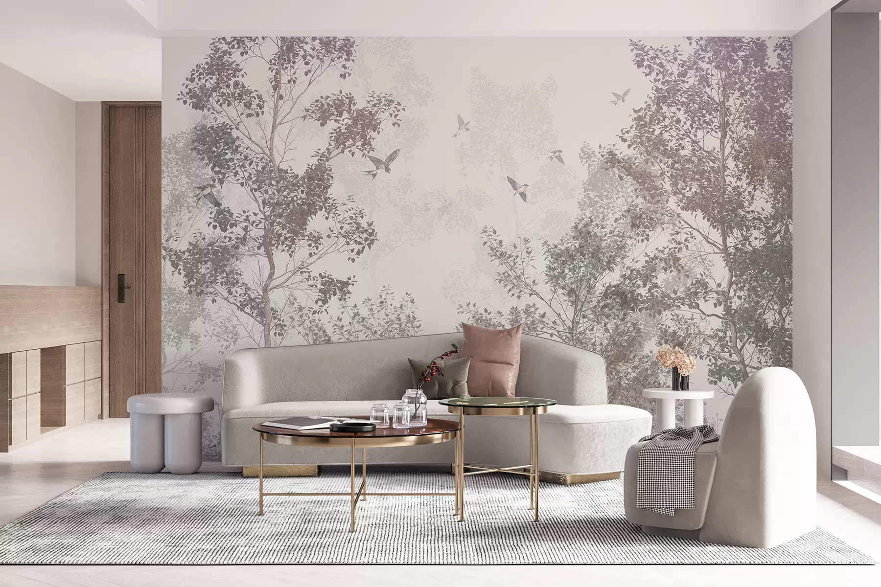 Fototapete Bäume mit braunen und grauen Blättern und Zweigen mit Vögeln fliegen in den Himmel, weißer Hintergrund w07982