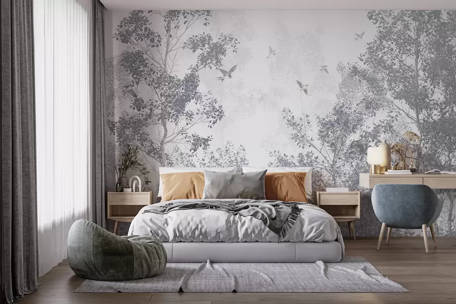 Fototapete Bäume mit grauen Blättern und Zweigen mit Vögeln fliegen in den Himmel, weißer Hintergrund w07982v1