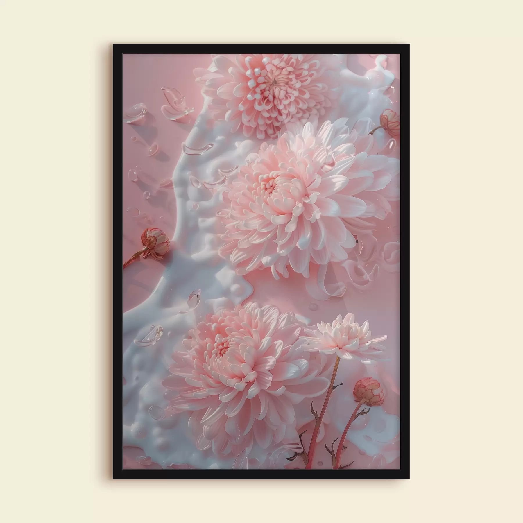 Fototapete Chrysanthemen-Komposition: einige Blüten mit einem Spritzer Milch auf rosa Hintergrund f39640