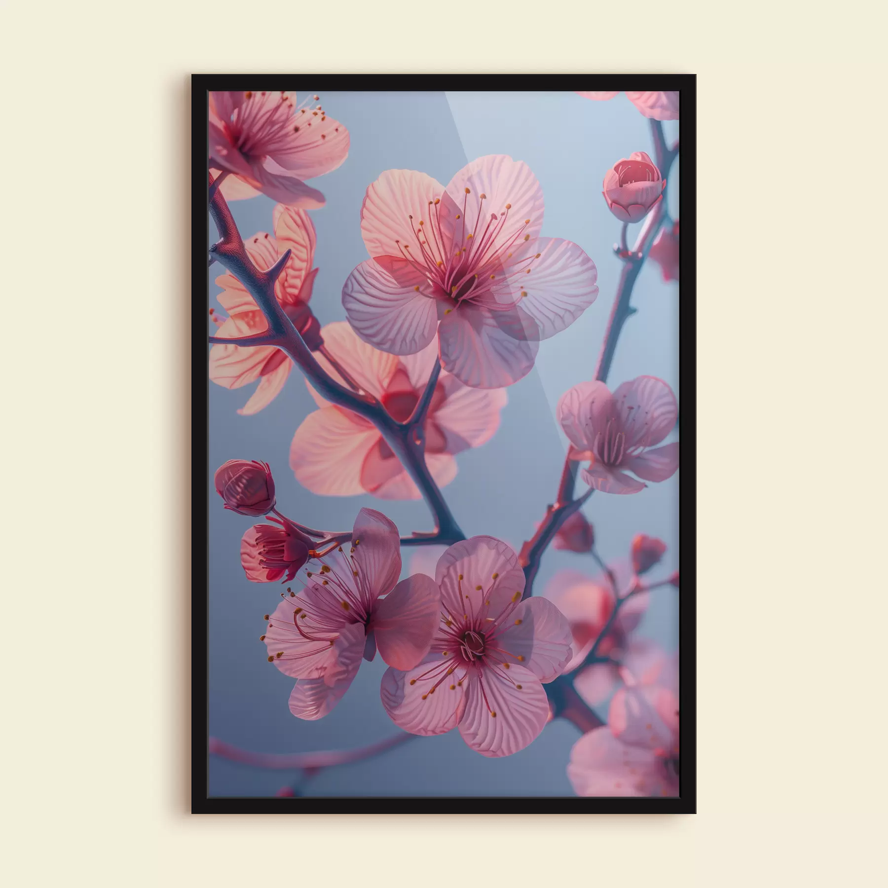 Fototapete Kirschblüte auf violettem Hintergrund mit hellem Orange und hellem Azur: Solarisationseffekt f39644