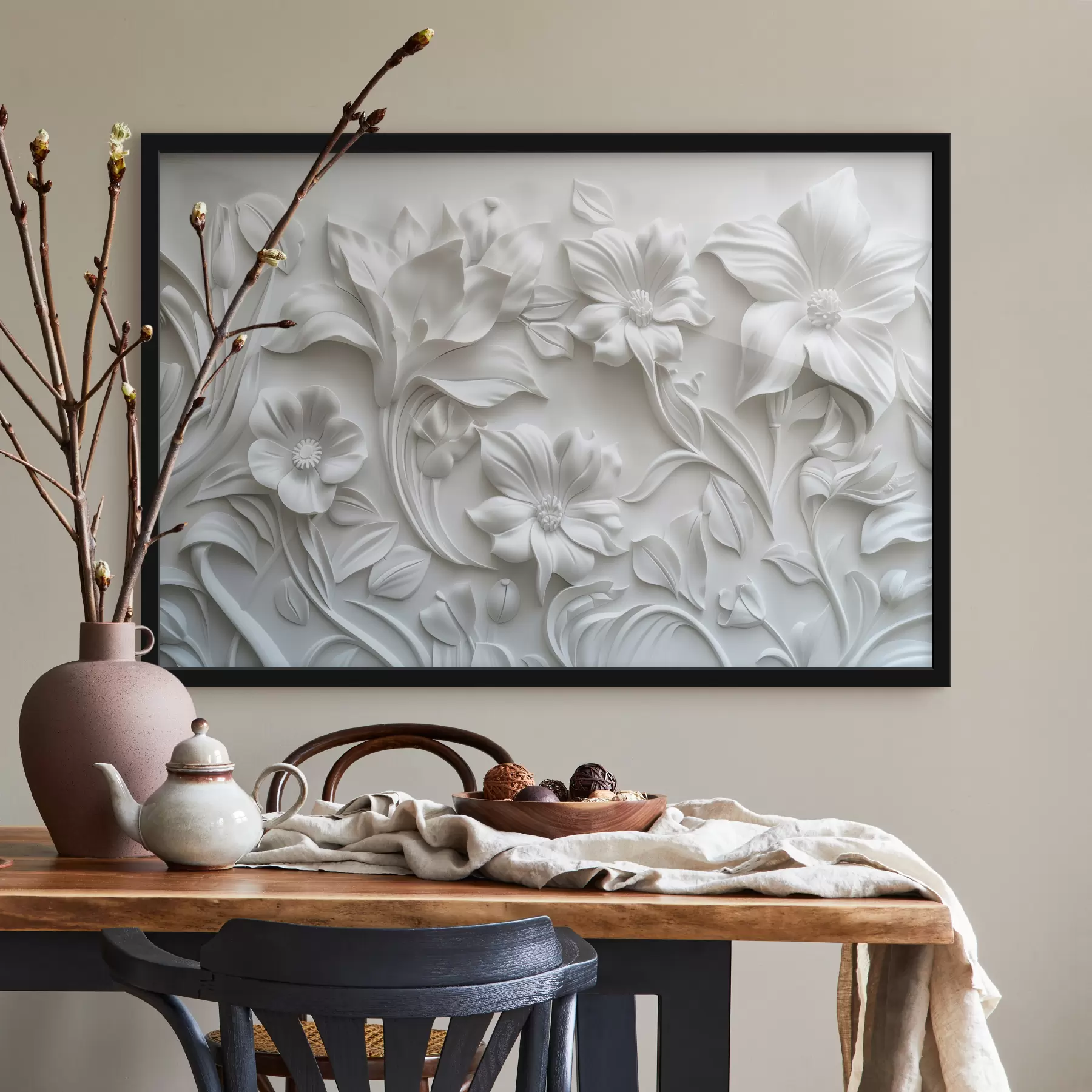 Fototapete Weißes 3D-Relief aus geschnitzten Lilien f39653