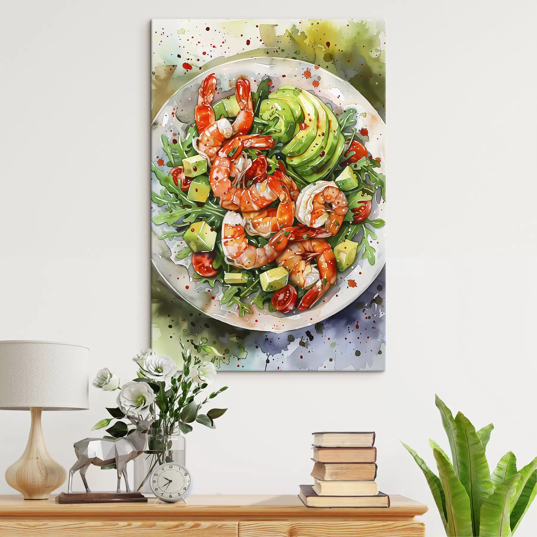 Fototapete Salat mit Avocado und Garnelen, lecker, Food Art, Aquarell, Sommerfarben s39696