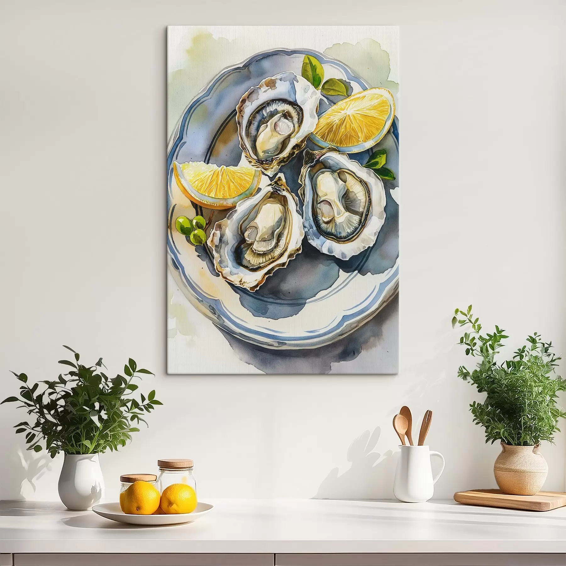 Fototapete Elegante Austern auf dem Teller, Aquarell, Zitronen, Naturfarben, mediterran s39711