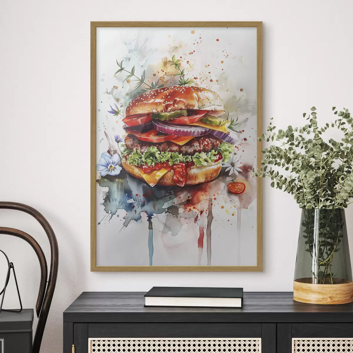 Poster Leckerer Burger mit Fleisch, Blumen, Aquarell, Food Art f39699