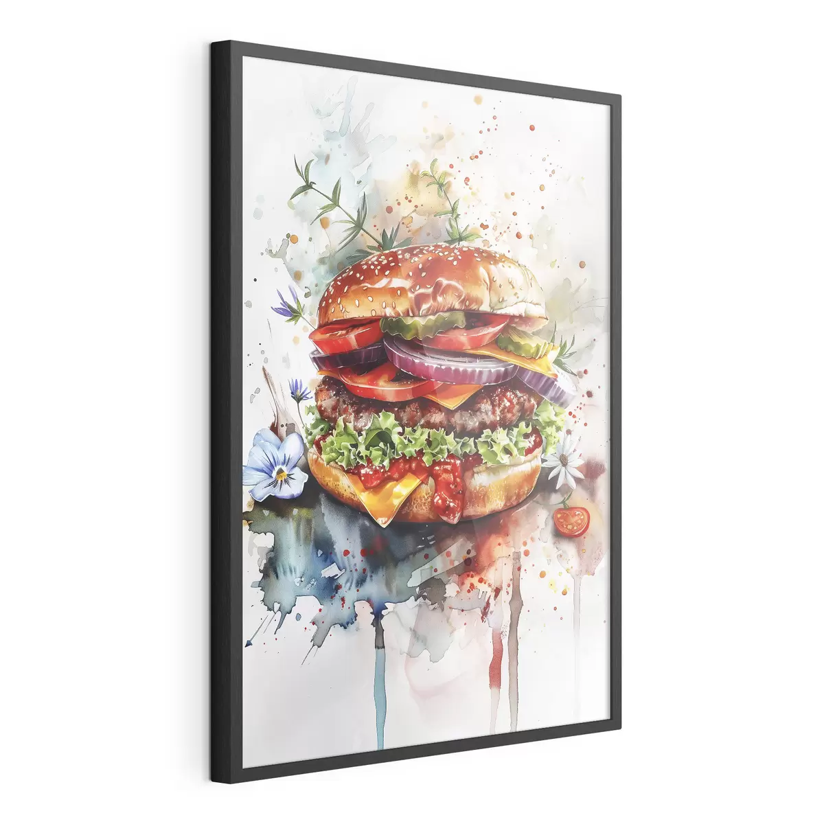 Poster Leckerer Burger mit Fleisch, Blumen, Aquarell, Food Art f39699