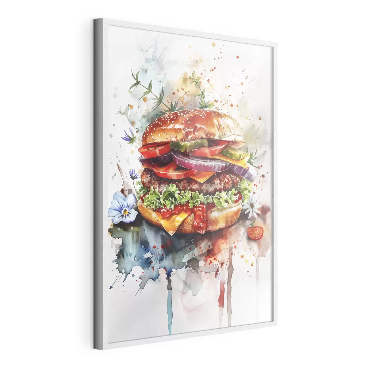 Poster Leckerer Burger mit Fleisch, Blumen, Aquarell, Food Art f39699