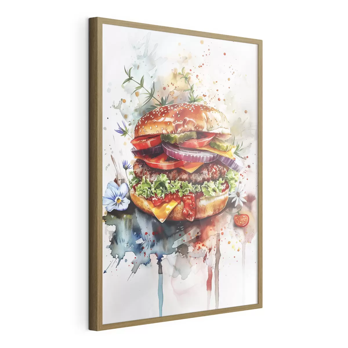 Poster Leckerer Burger mit Fleisch, Blumen, Aquarell, Food Art f39699