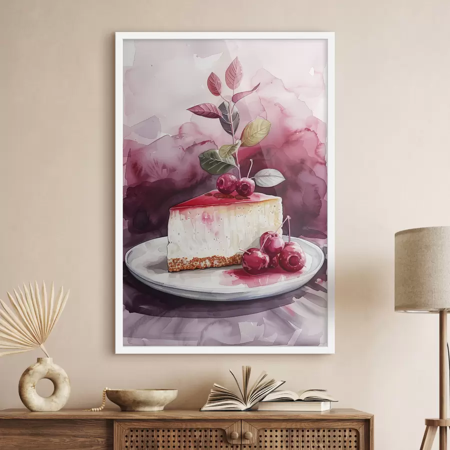Fototapete Aquarell-Käsekuchen mit Kirschen, elegante Lebensmittelkunst, rote und violette Farben f39700