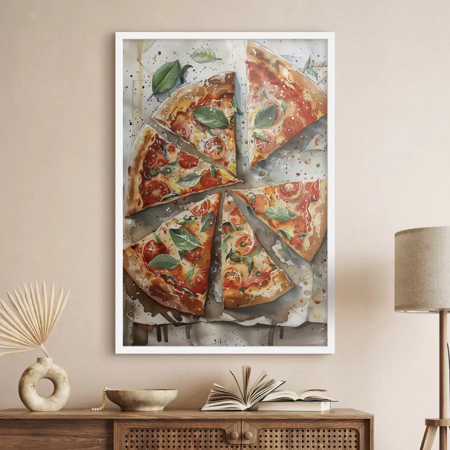 Fototapete Leckere italienische Pizza, Aquarell-Food-Art, Margarita, Tomaten f39703