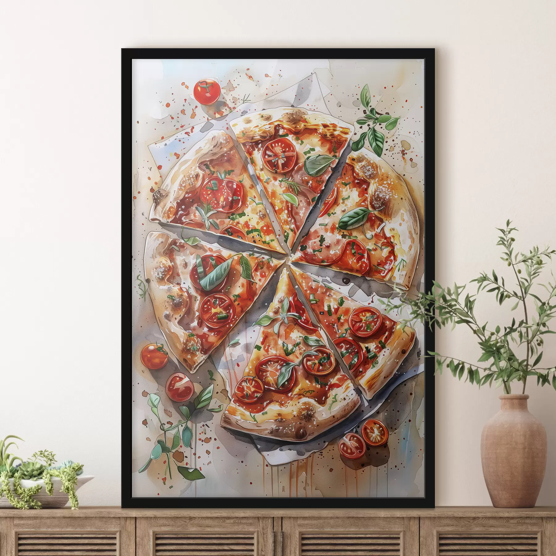 Fototapete Aquarellpizza, lecker, Tomaten und Käse, Lebensmittelkunst, Holztisch f39704