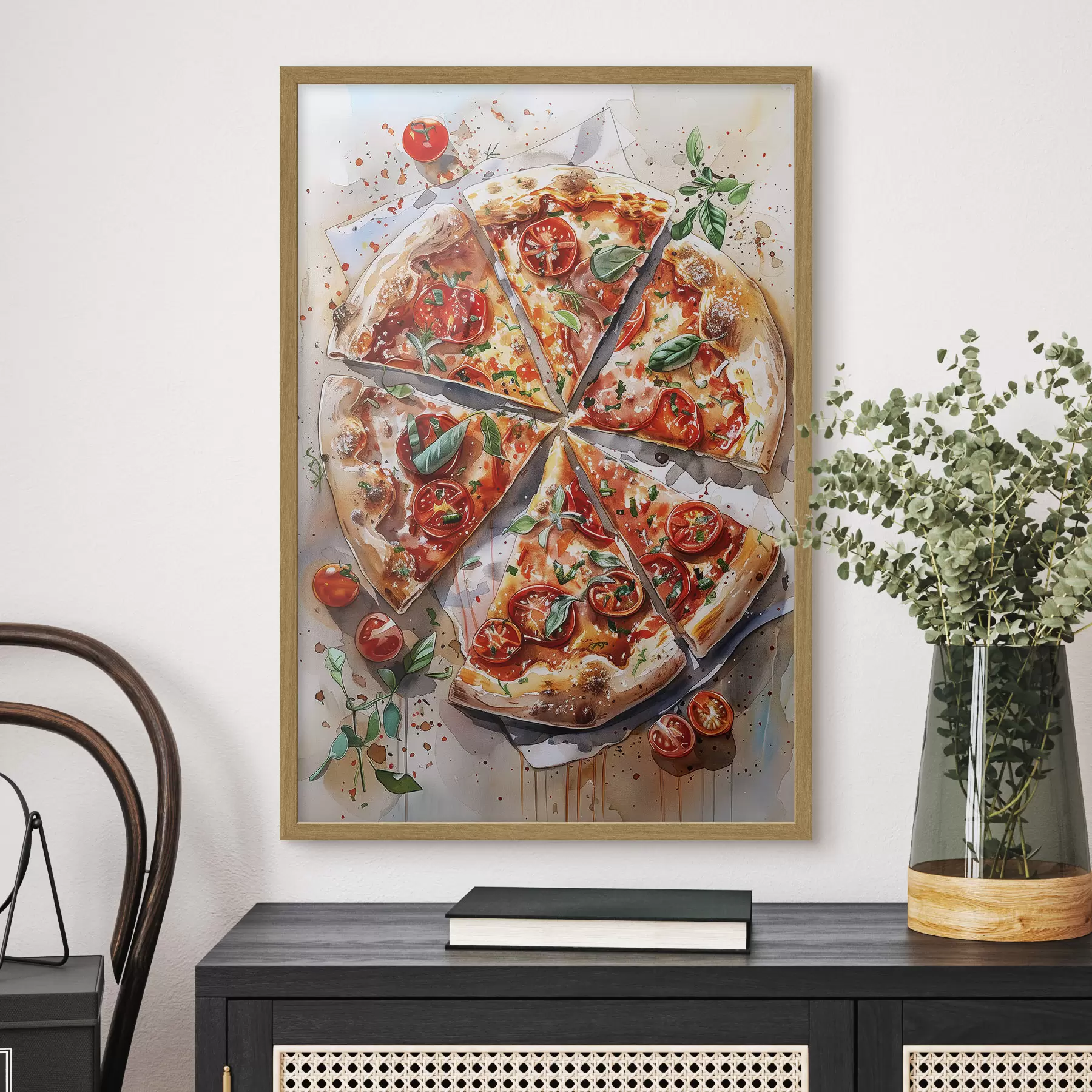 Fototapete Aquarellpizza, lecker, Tomaten und Käse, Lebensmittelkunst, Holztisch f39704