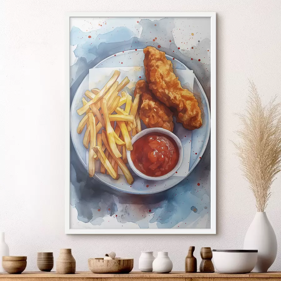 Fototapete Aquarell Street Food, Pommes Frites mit gebratenem Huhn, lecker f39709