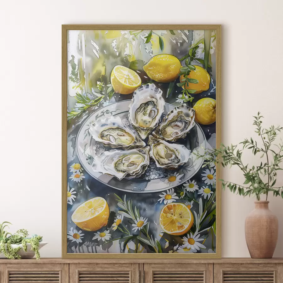 Fototapete Elegante Austern auf dem Teller, Zitronen und Blumen, Sommerfarben, mediterran f39710