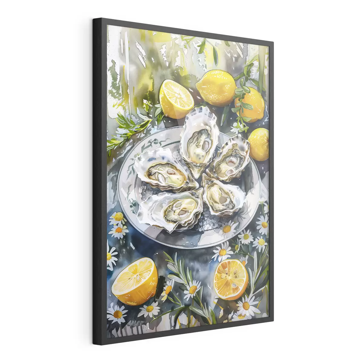 Poster Elegante Austern auf dem Teller, Zitronen und Blumen, Sommerfarben, mediterran f39710