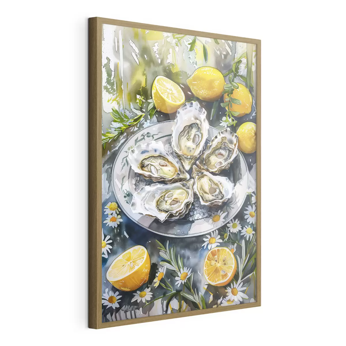 Poster Elegante Austern auf dem Teller, Zitronen und Blumen, Sommerfarben, mediterran f39710
