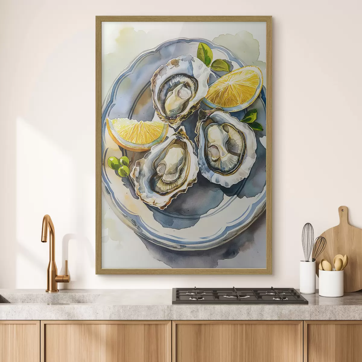 Poster Elegante Austern auf dem Teller, Aquarell, Zitronen, Naturfarben, mediterran f39711