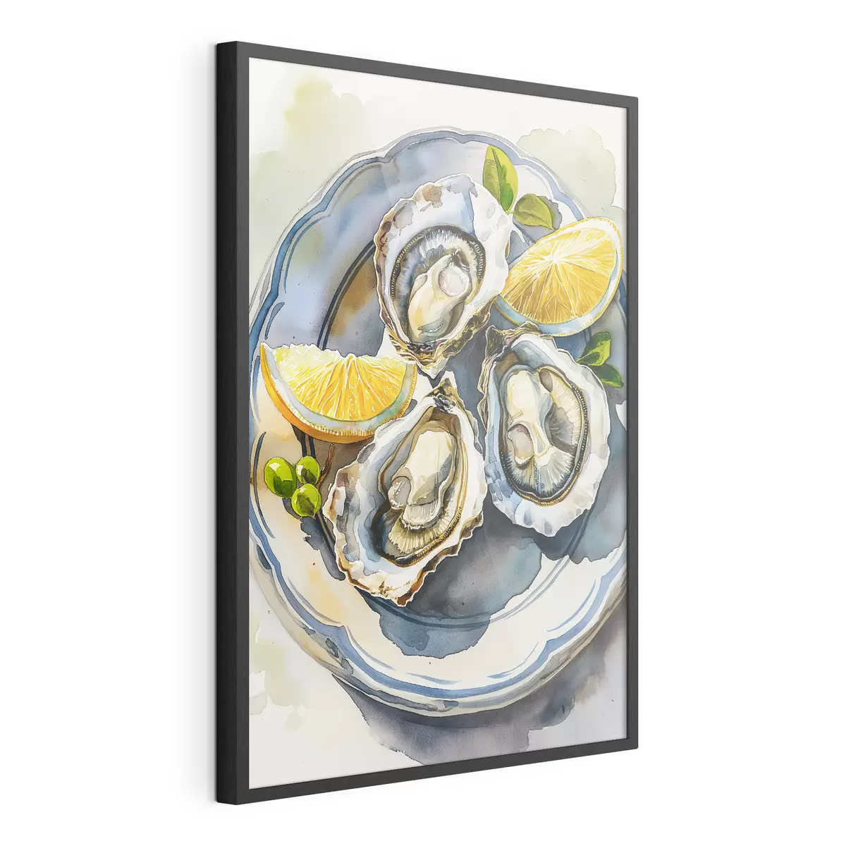Poster Elegante Austern auf dem Teller, Aquarell, Zitronen, Naturfarben, mediterran f39711