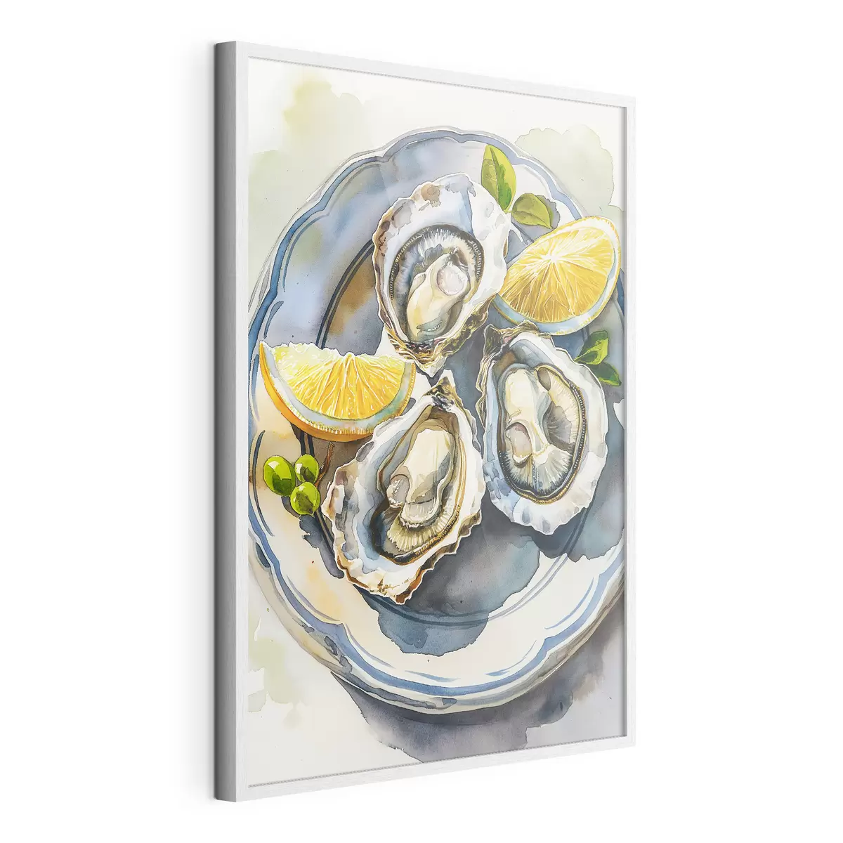 Poster Elegante Austern auf dem Teller, Aquarell, Zitronen, Naturfarben, mediterran f39711