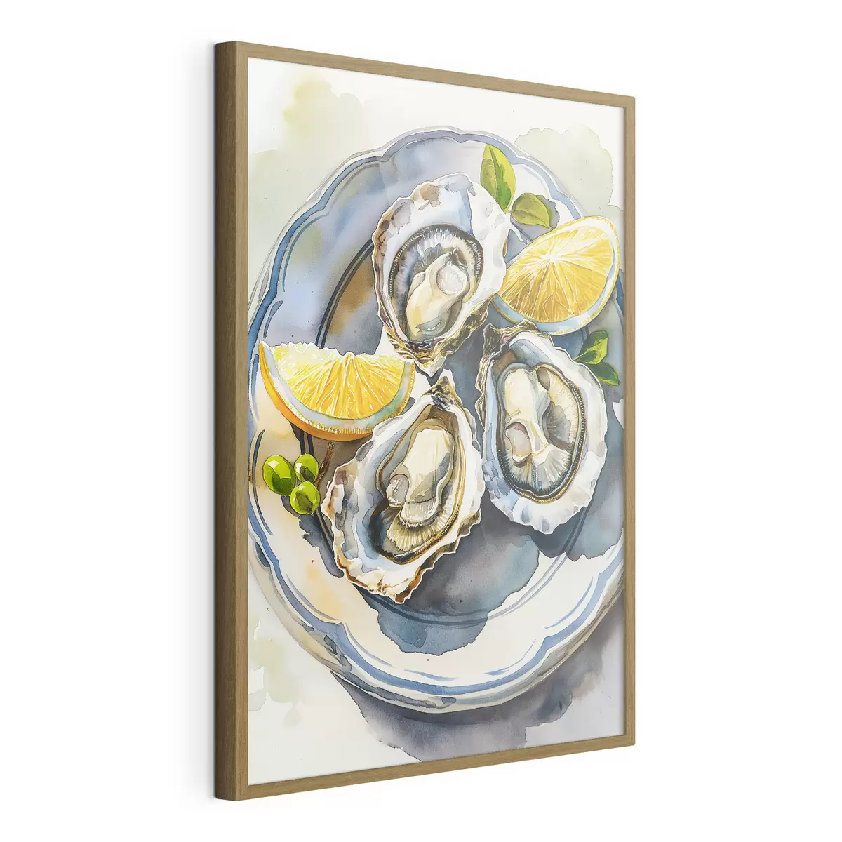 Poster Elegante Austern auf dem Teller, Aquarell, Zitronen, Naturfarben, mediterran f39711