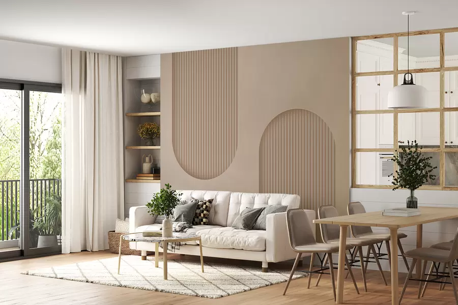 Fototapete Strukturierte Tapete im Art-Deco-Stil in warmen Beigetönen. Nachahmung volumetrischer Bögen    w08048