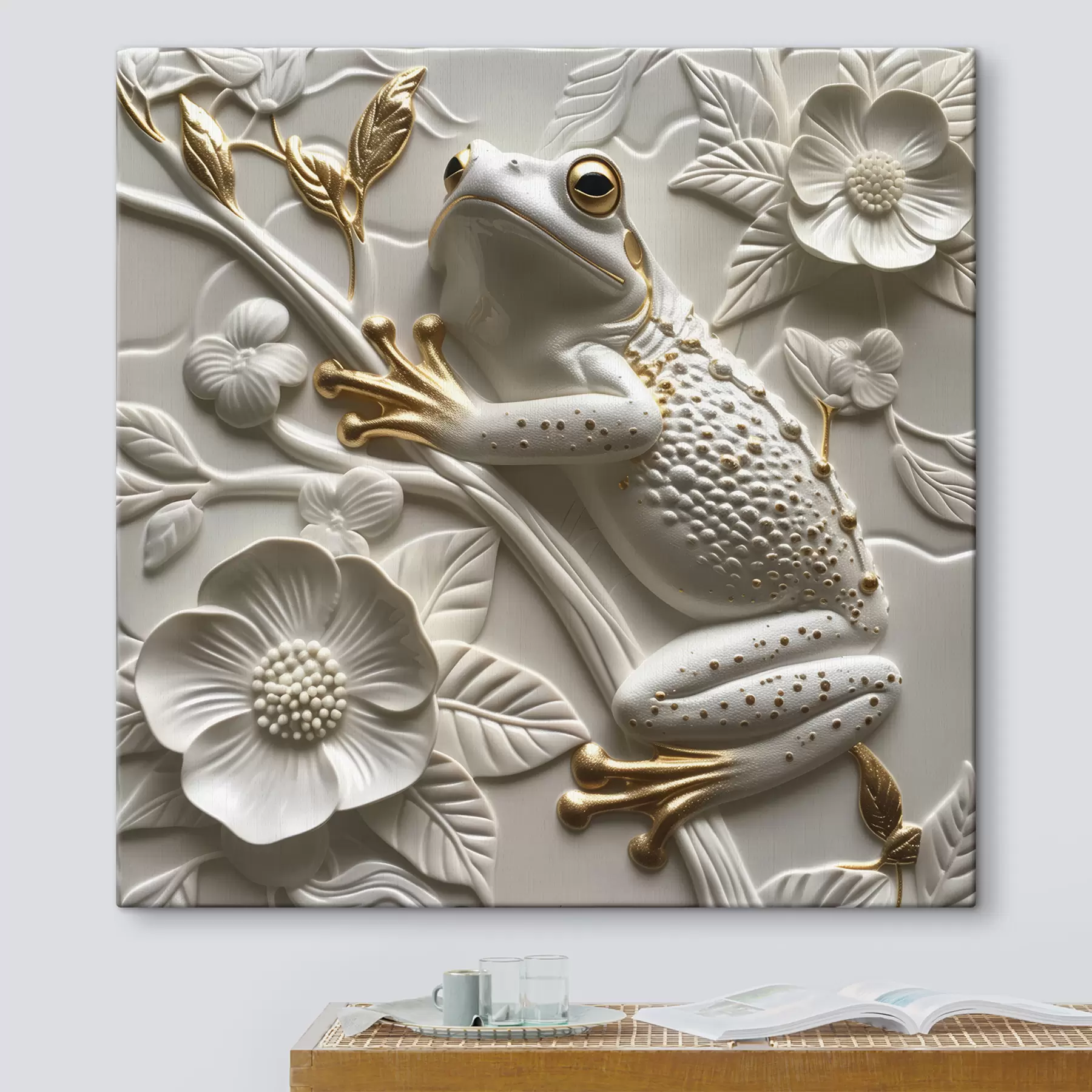 Fototapete Skulptur mit  Laubfrosch und Blumenmuster s39750