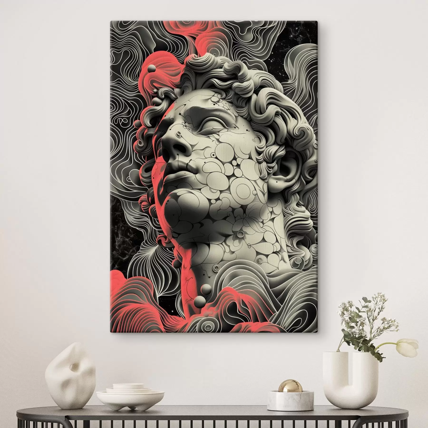 Fototapete Schwarz-weiße lineare Darstellung des Kopfes des griechischen Gottes Apollo im Pop-Art-Stil s39763