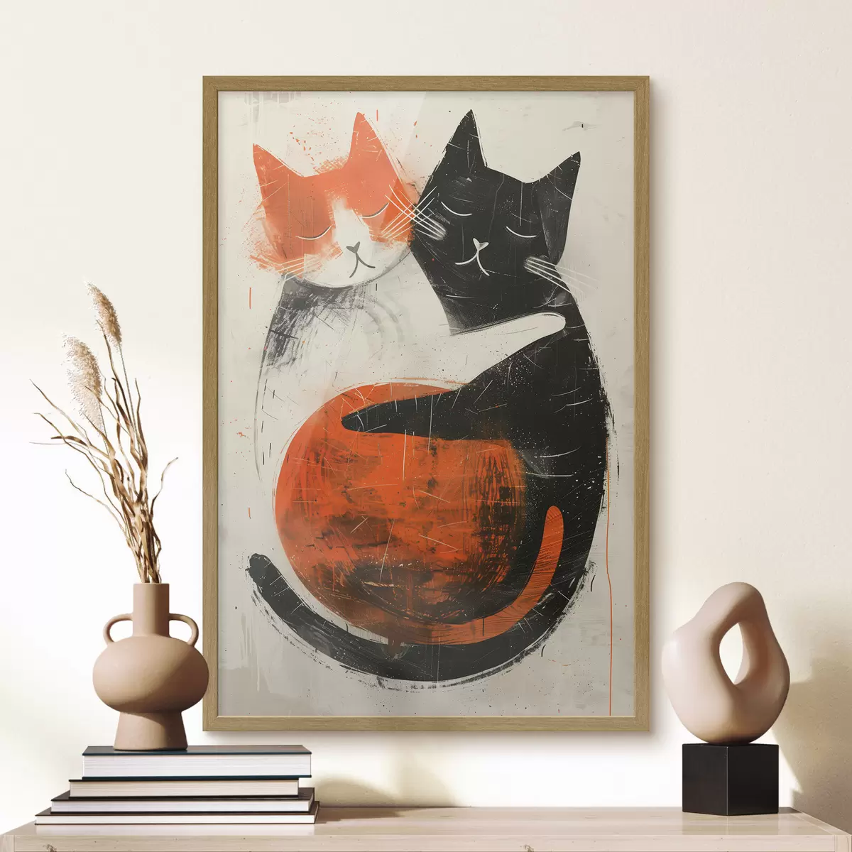 Poster Minimalistische Tuscheillustration von zwei süßen Katzen f39725