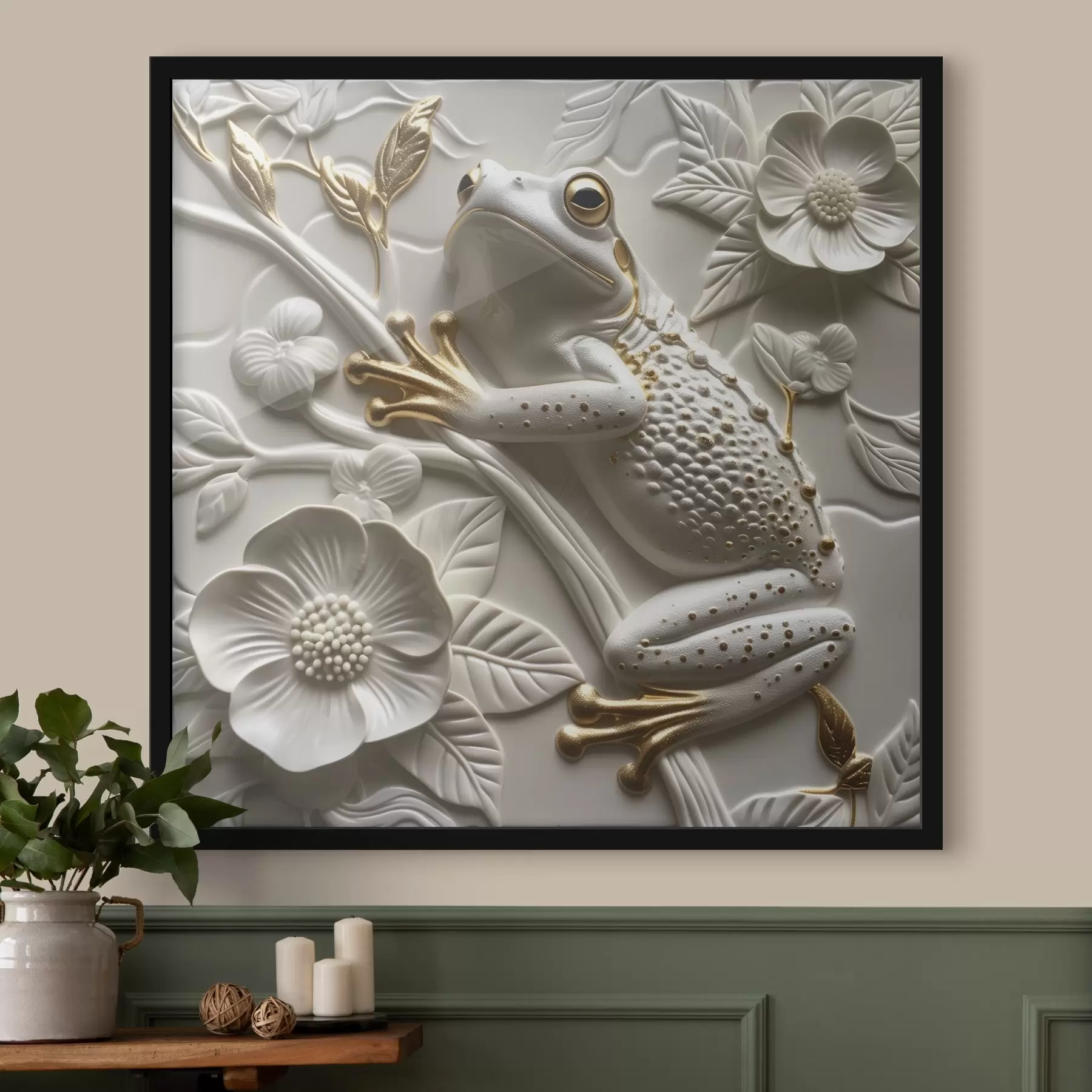 Fototapete Skulptur eines Laubfroschs und eines Blumenmusters f39750
