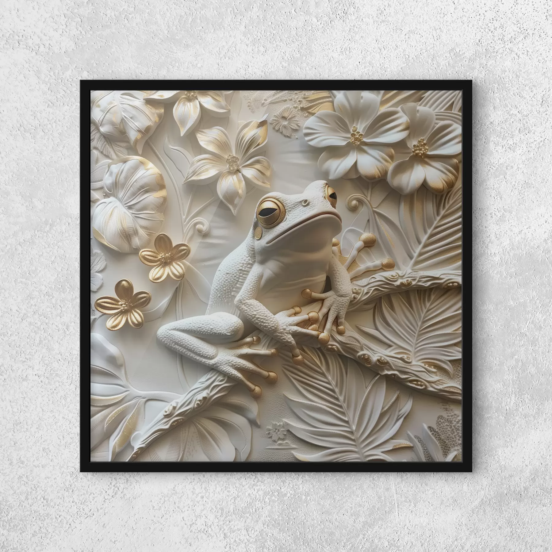 Fototapete Skulptur mit Laubfrosch und floralen Akzenten f39751