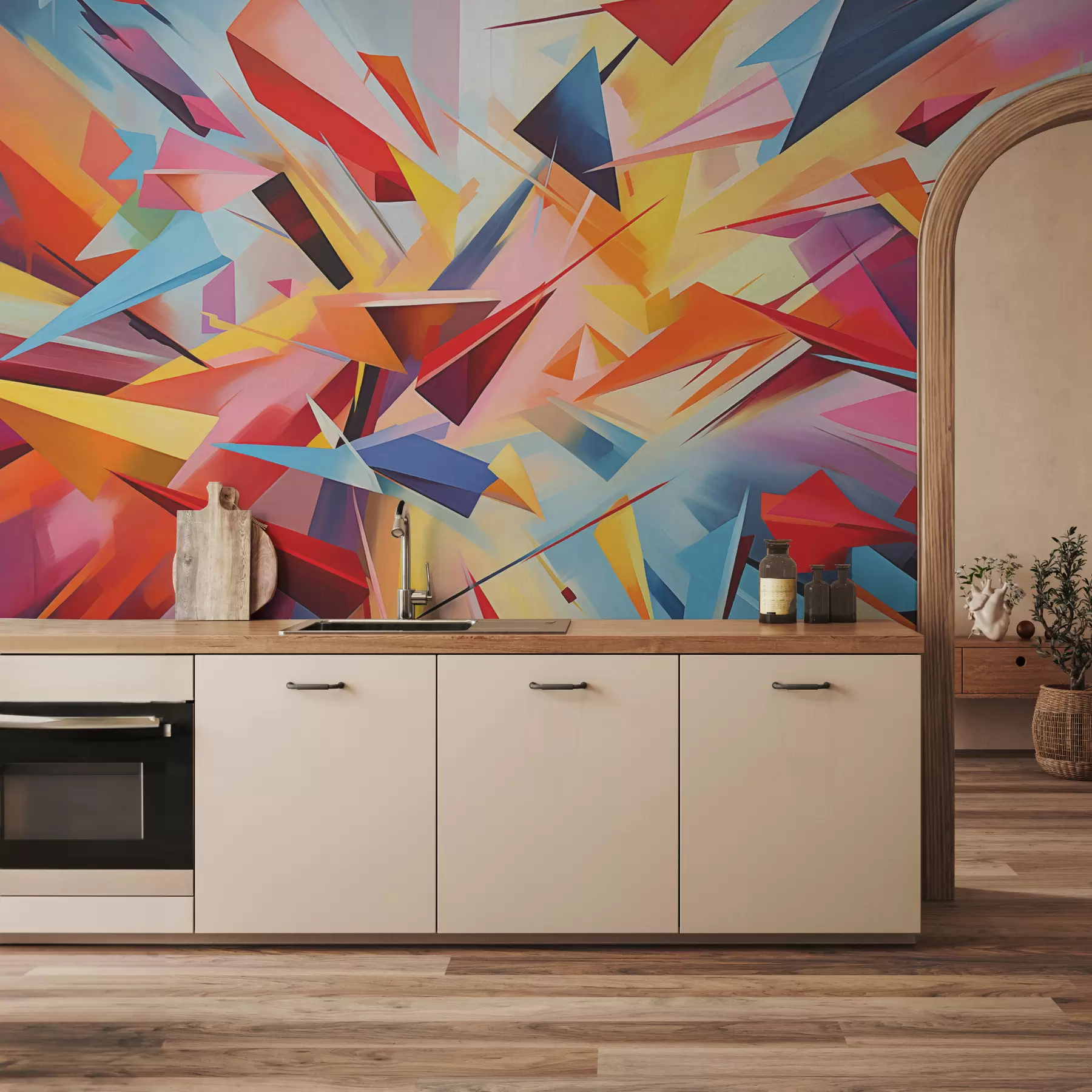 Fototapete Chaotische Abstraktion geometrischer Formen, rosa, blau, gelb w08030