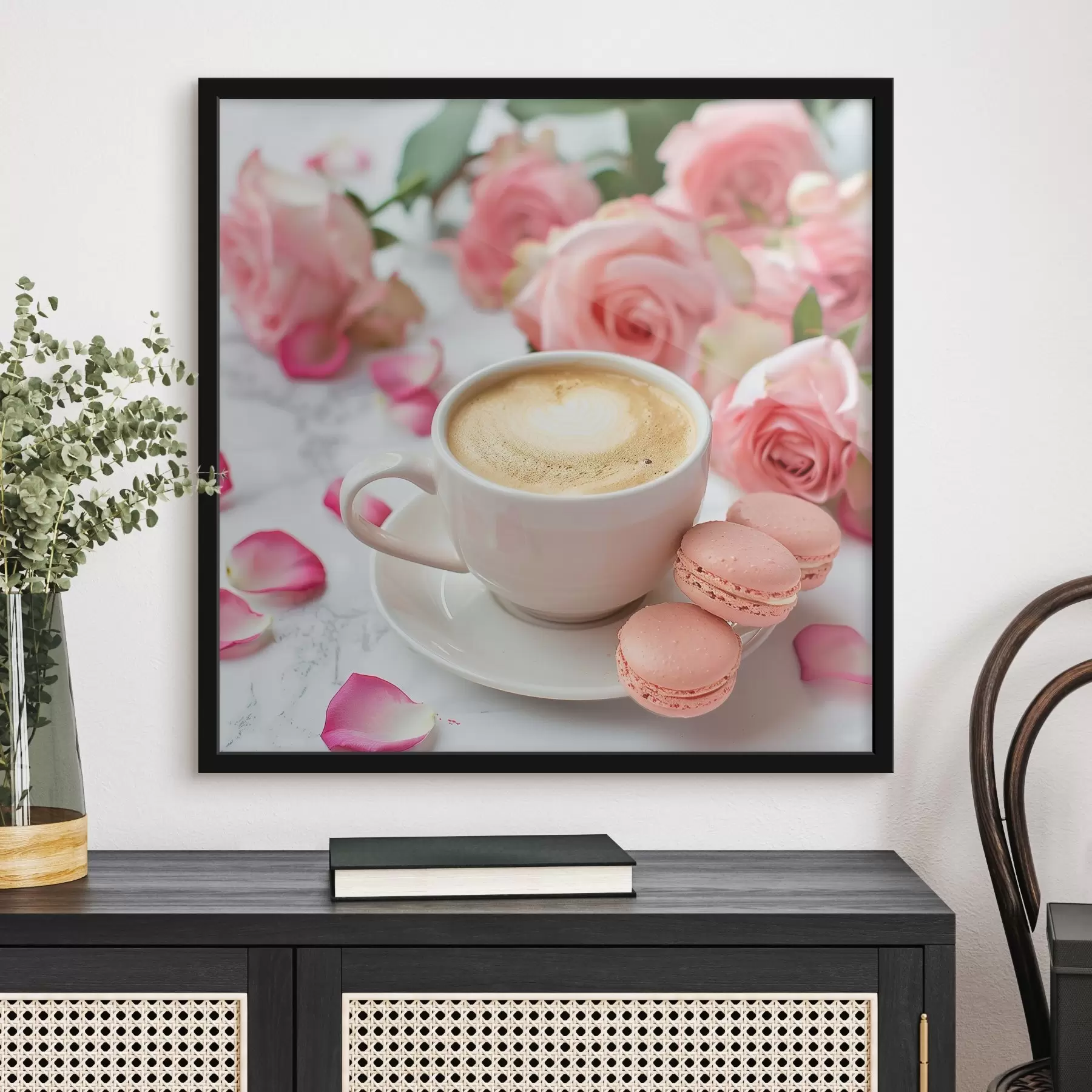 Fototapete Cappuccino-Makronen und Rosen f39231
