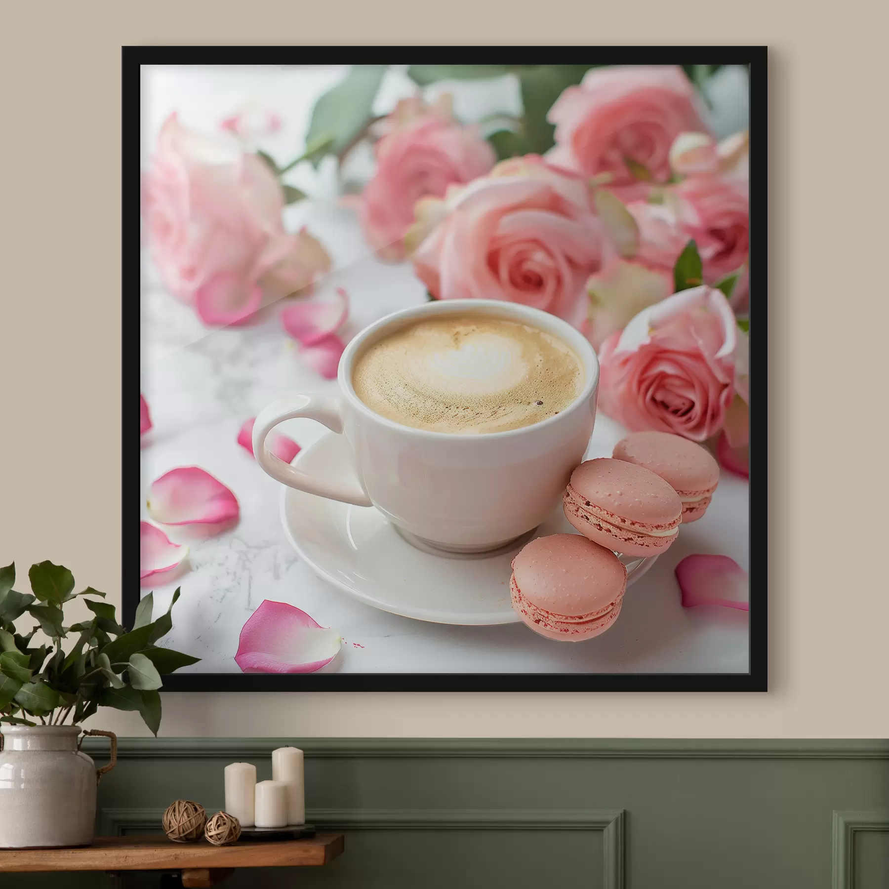 Fototapete Cappuccino-Makronen und Rosen f39231