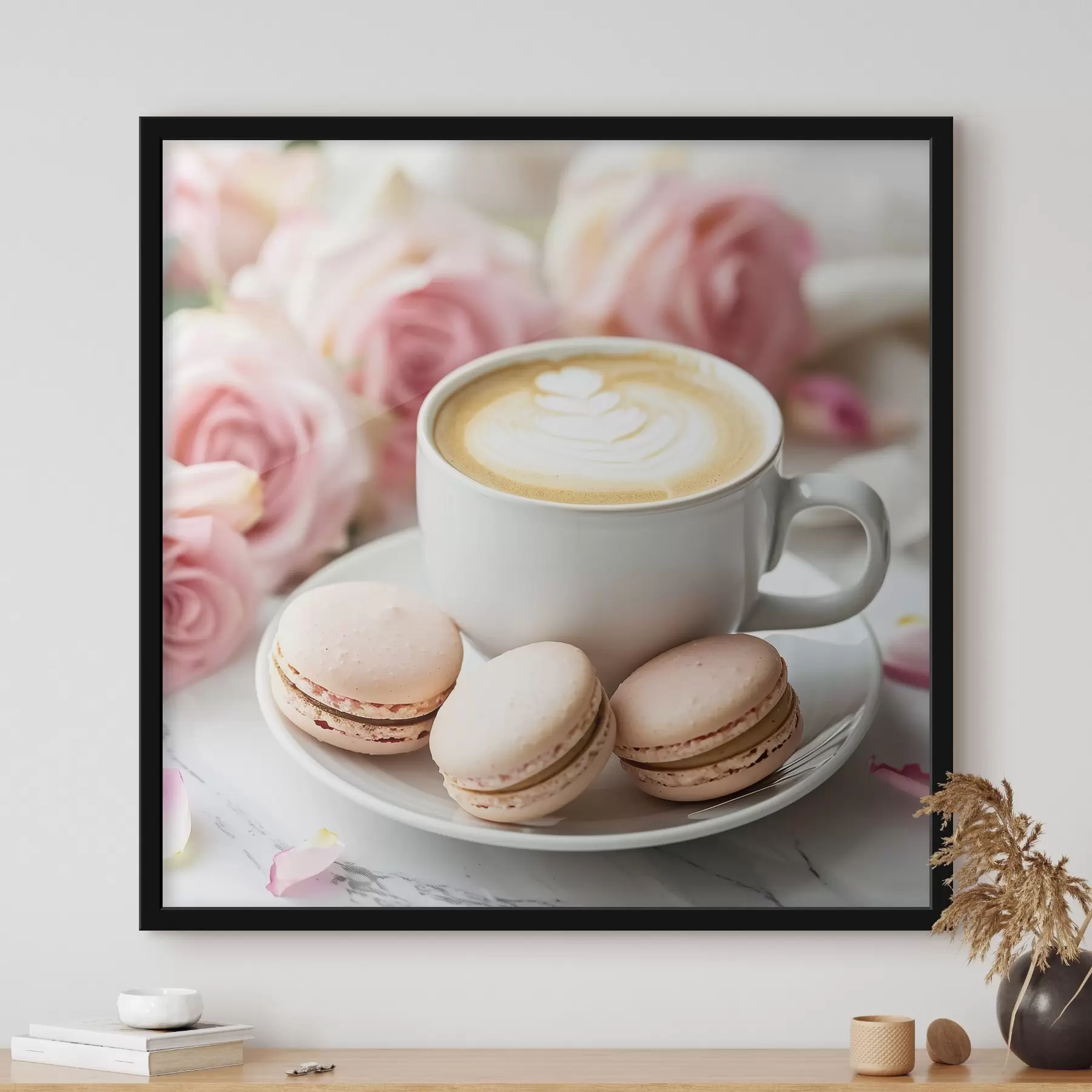 Fototapete Eine Tasse Kaffee auf einem zarten floralen Hintergrund f39232