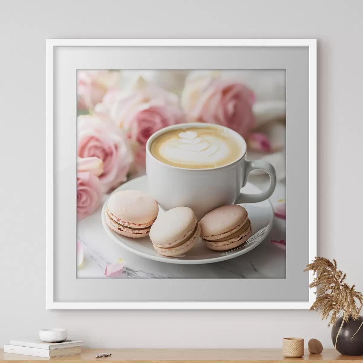 Poster Eine Tasse Kaffee auf einem zarten floralen Hintergrund f39232