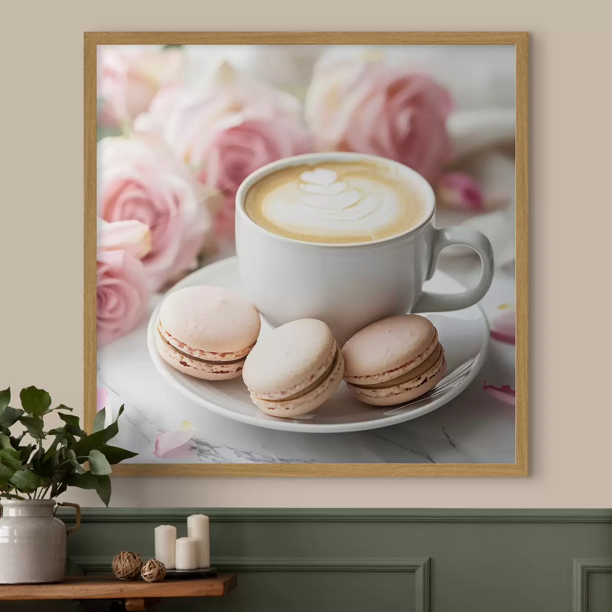 Poster Eine Tasse Kaffee auf einem zarten floralen Hintergrund f39232