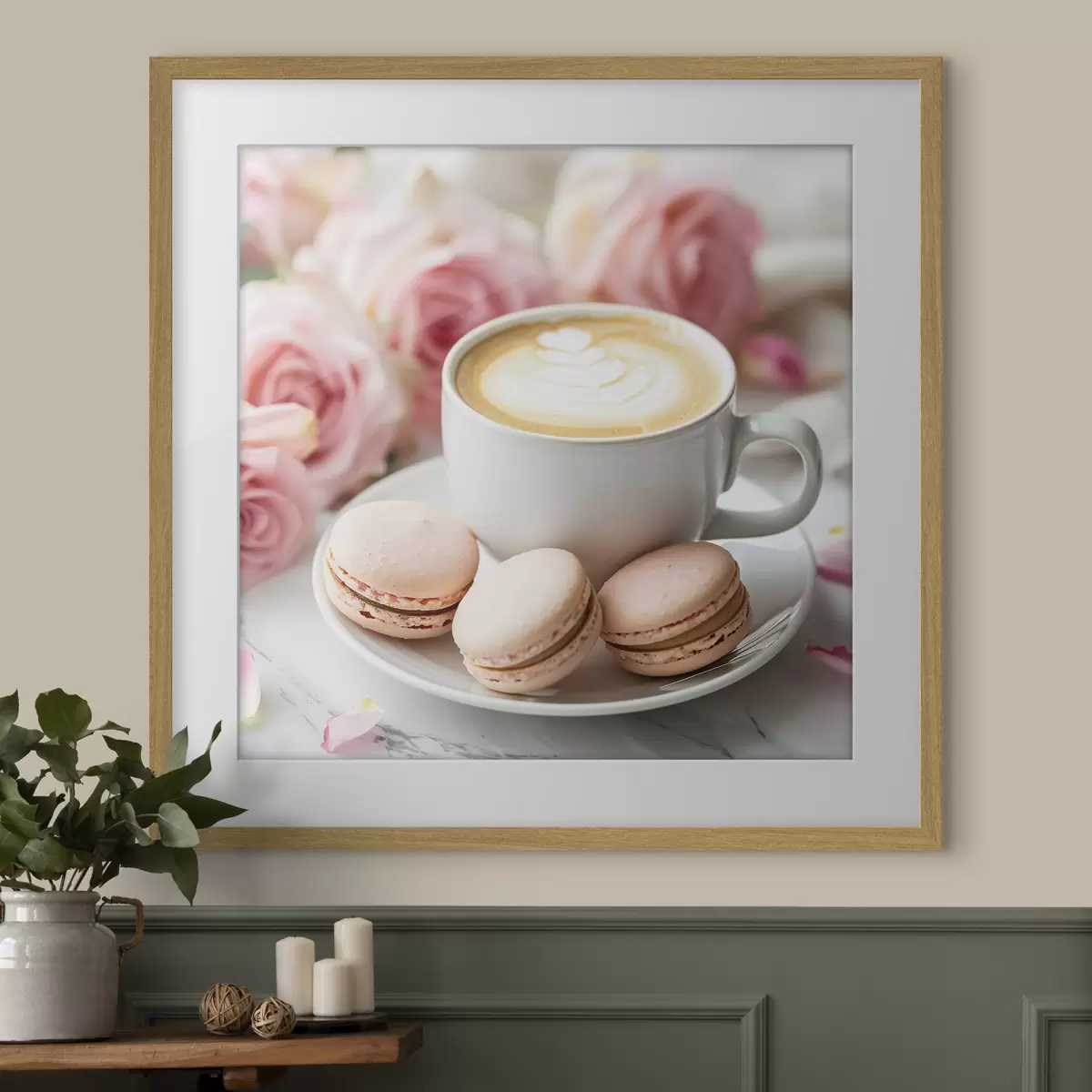 Poster Eine Tasse Kaffee auf einem zarten floralen Hintergrund f39232
