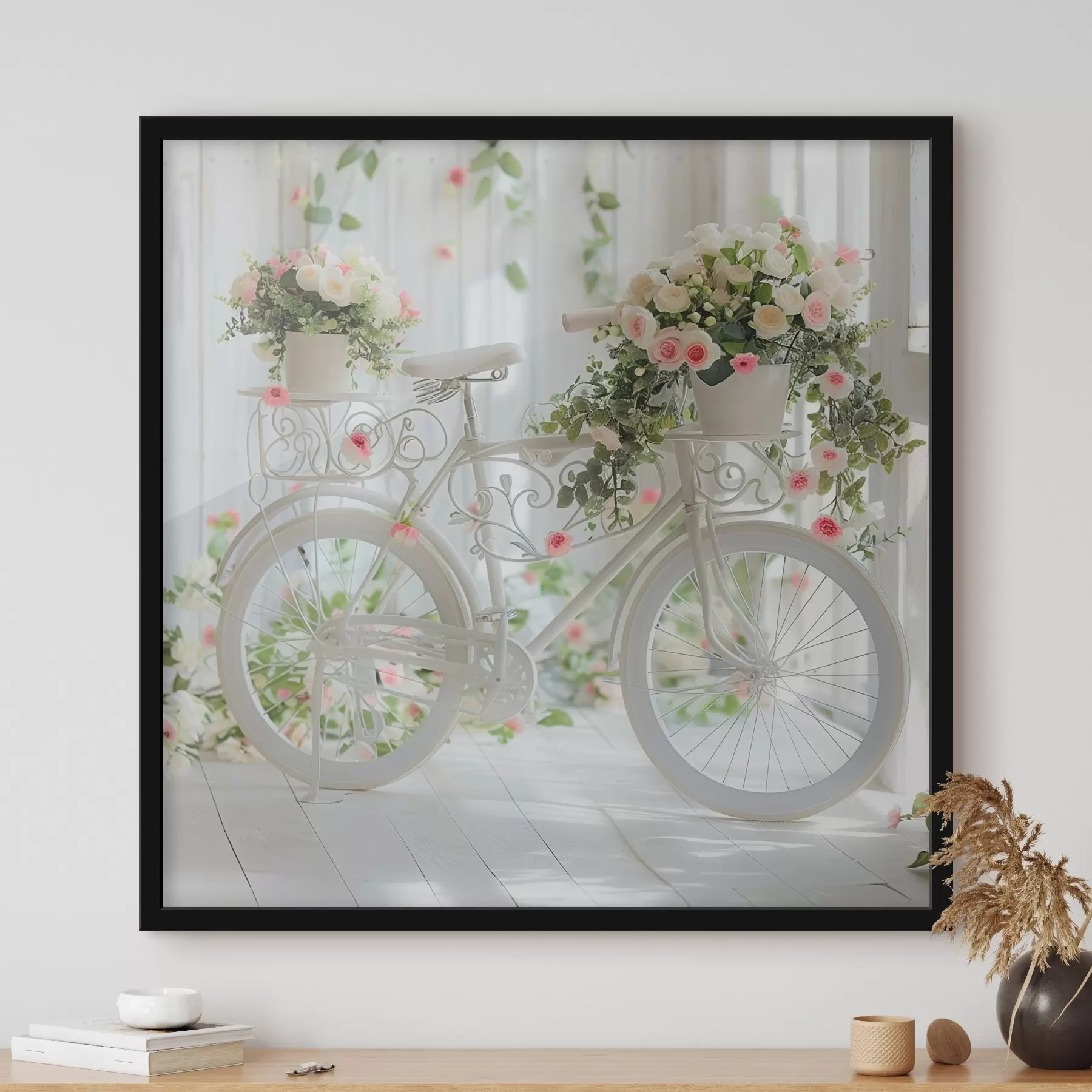 Fototapete Weißes Fahrrad mit einem Korb voller Blumen im provenzalischen Stil f39243