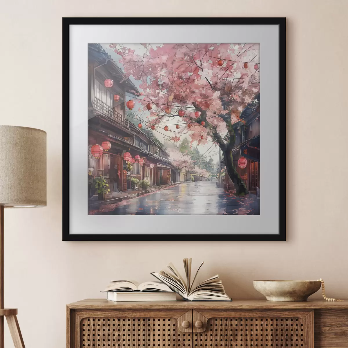 Poster Japanische Straße mit blühenden Kirschbäumen, orientalischer Architektur, Laternen f39774