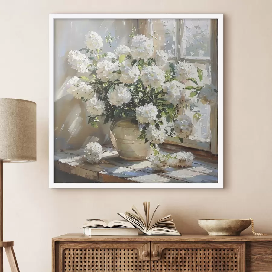 Fototapete Weiße Hortensien in der Vase, Sonnenlicht im Fenster, Ölgemälde f39779