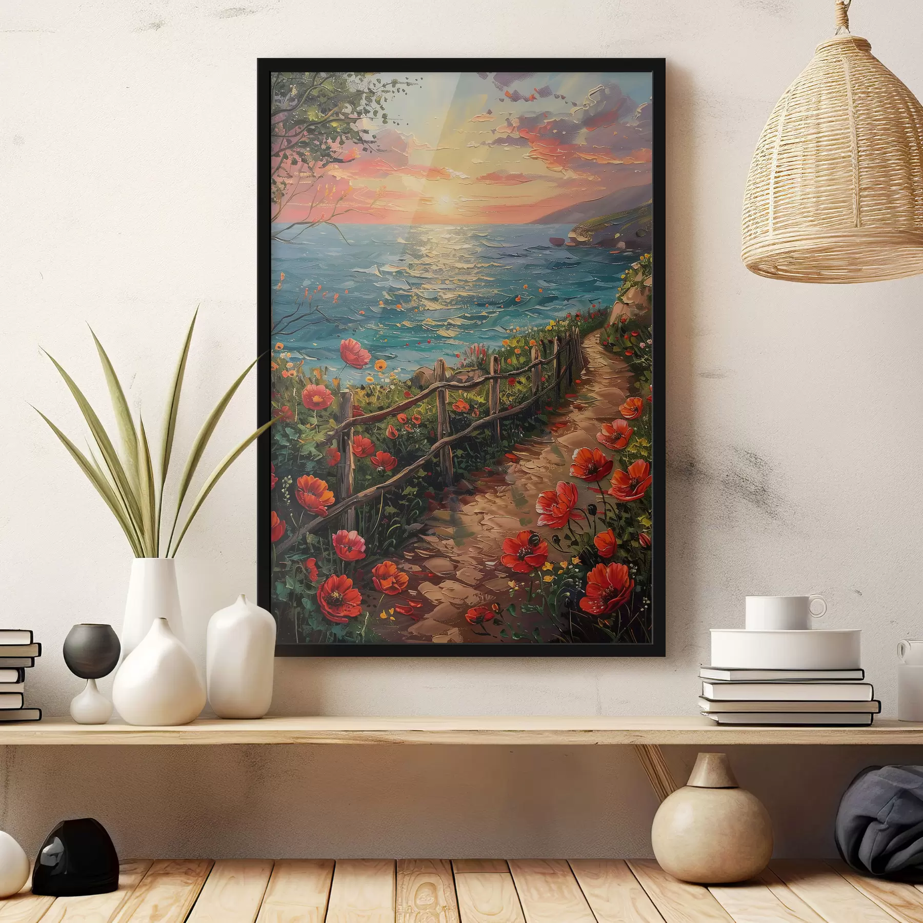 Fototapete Allee mit roten Mohnblumen am Wasser f39811