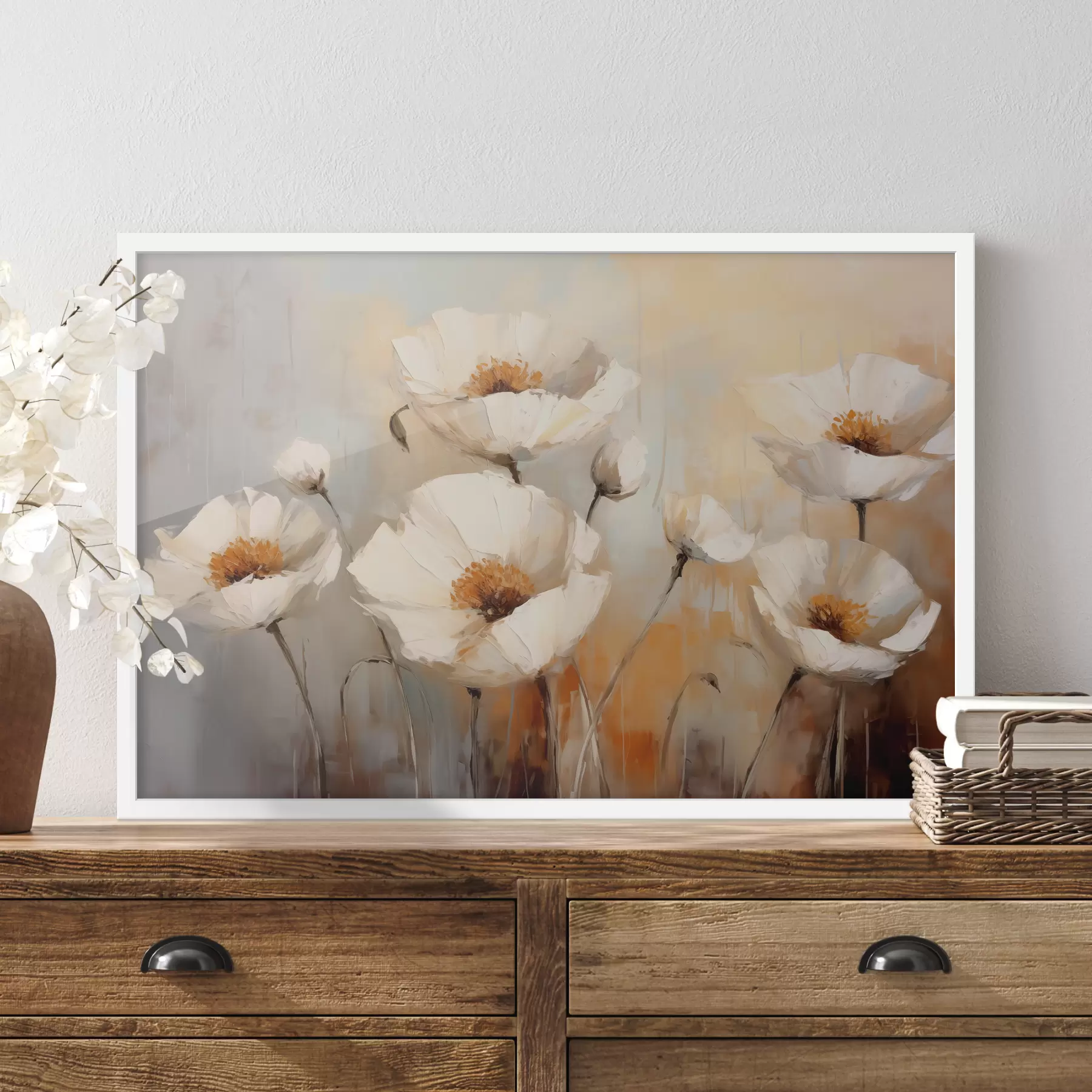 Fototapete Ölgemälde mit weißen Mohnblumen, Farbe blau und orange f39815