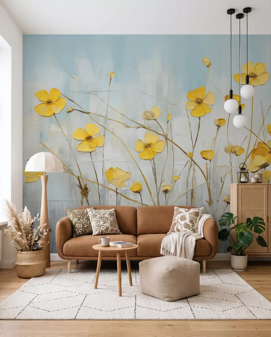 Fototapete Kleine gelbe Blumen auf blauem Ölgemälde w08129