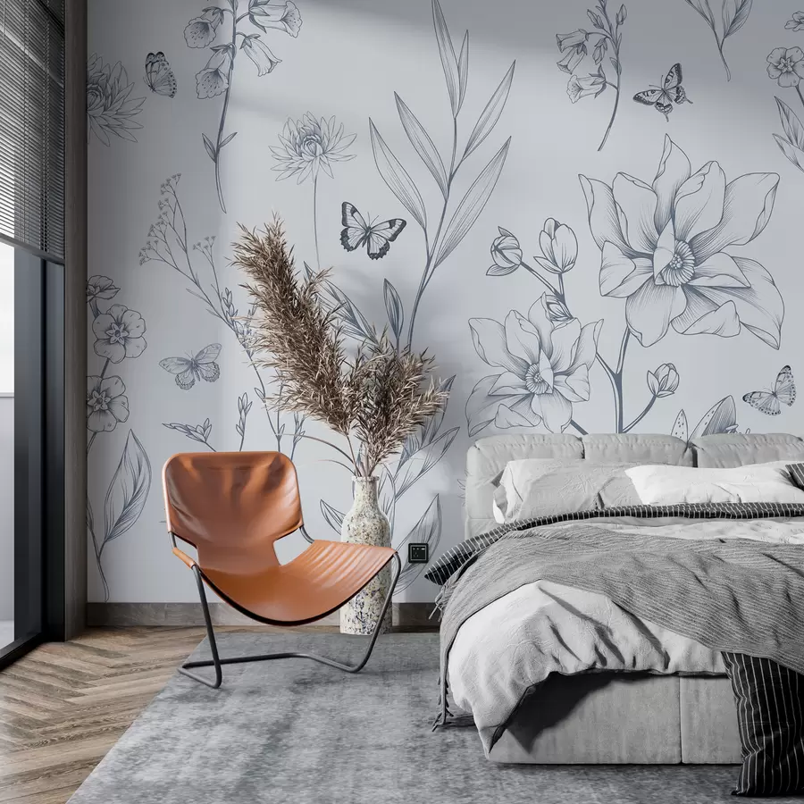 Fototapete Boho Monochrome Blumen und Schmetterlinge in blau w08088v2