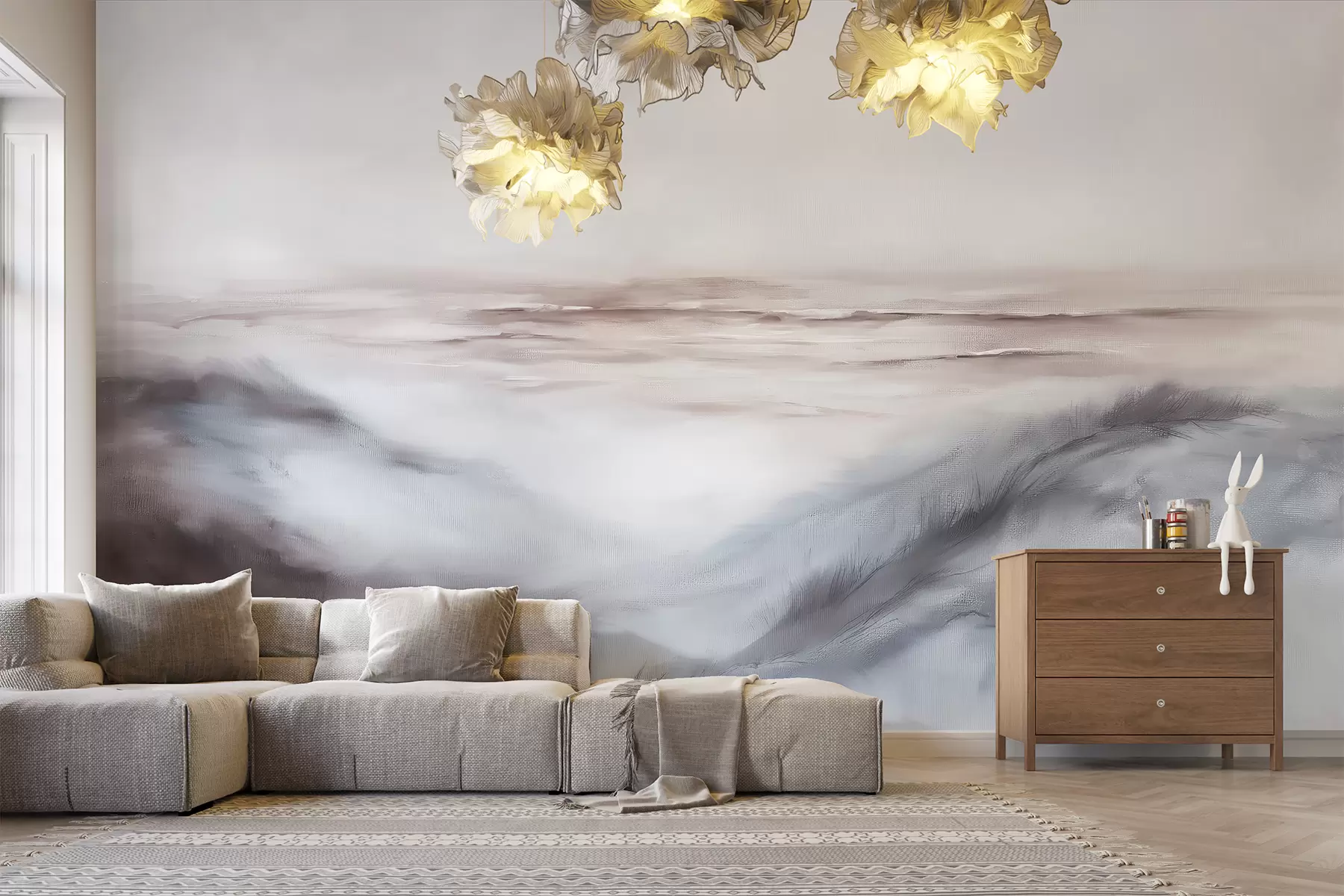 Fototapete Abstrakte Landschaft in Pastellfarben, Pinselstrichen, Strand, Meer, graue Farbpalette w08141